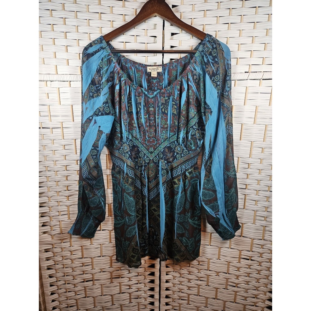 One World Womens Multicolor Lined Blouse Sz M Boho Hippie Casual Festival